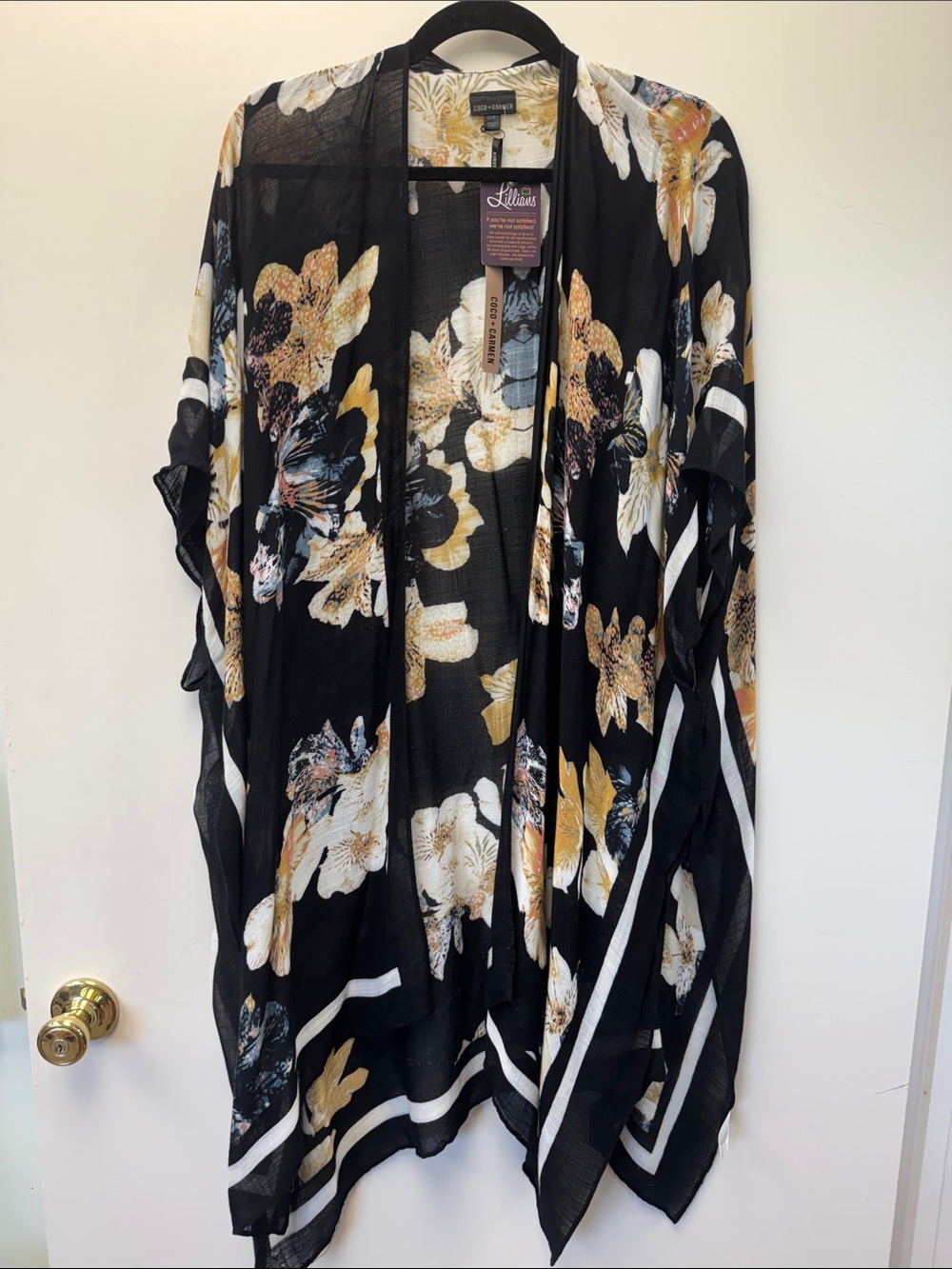 Coco + Carmen Black Floral Sheer Kimono with White and Gold Accents